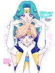  2girls absurdres aqua_hair bishoujo_senshi_sailor_moon blonde_hair blue_bow blue_bowtie blue_eyes blue_sailor_collar bow bowtie closed_mouth commentary_request couple drawn_ears earrings elbow_gloves gloves hands_on_another's_head highres jewelry kaiou_michiru kamui1201 long_hair looking_at_viewer multiple_girls parted_bangs sailor_collar sailor_neptune sailor_senshi_uniform sailor_uranus see-through_clothes see-through_sleeves short_hair smile swept_bangs ten'ou_haruka tiara upper_body white_background white_gloves yellow_bow yuri 
