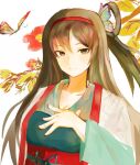  1girl aqua_hanfu breasts bug butterfly butterfly_hair_ornament chinese_clothes commentary danganronpa:_despair_time english_commentary flower green_hair green_hair_ornament hair_ornament hair_rings hairband hand_on_own_chest hanfu highres hu_jing large_breasts long_hair looking_at_viewer red_flower red_hairband red_sash red_trim sash simple_background single_hair_ring smile solo upper_body valvalentinee white_background 