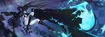  1girl arm_cannon belt bikini black_coat black_hair black_rock_shooter black_rock_shooter_(character) black_shorts blue_eyes blue_fire boots chain coat commentary_request fire flaming_eye front-tie_bikini_top front-tie_top glowing glowing_eye korean_commentary long_hair pale_skin pdu6746 rock_cannon shorts solo swimsuit sword twintails uneven_twintails weapon 