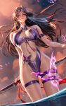  1girl arm_behind_back arm_strap bare_shoulders bikini black_hair breasts cleavage closed_mouth cloud commentary curvy earrings eyewear_on_head floating_hair highres holding holding_sword holding_weapon jewelry large_breasts liang_xing long_hair looking_at_viewer marvel marvel_rivals navel o-ring o-ring_thigh_strap one-piece_swimsuit outdoors psylocke purple_bikini purple_eyes sky solo standing stomach sunglasses swimsuit sword thigh_strap very_long_hair wading water weapon wide_hips x-men 