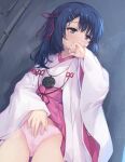  1girl blue_eyes blue_hair blush cameltoe chihaya_(clothing) clothes_lift cofetaru commentary cowboy_shot crotch_seam dated_commentary dracu-riot! dutch_angle female_masturbation fingering fingering_through_clothes fingering_through_panties hair_ornament hair_ribbon hairclip hakama hakama_skirt hand_up highres holding_own_skirt japanese_clothes long_sleeves masturbation mera_azusa panties parallel_hairclips pink_panties pink_skirt raised_inner_eyebrows red_ribbon ribbon skirt skirt_lift solo standing sweat through_clothes underwear white_background wide_sleeves 