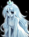  1girl 2000s_(style) adventure_time animification blue_eyes blue_hair blue_skin breasts colored_skin dress flipped_hair ghost ghost_princess_(adventure_time) glowing hair_between_eyes highres looking_at_viewer ponymoe princess skirt smile solo tareme tiara wavy_hair 
