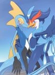2024 ambiguous_anthro ambiguous_gender anthro avian avian_butt biped black_body blue_body blue_eyes blush clear_sky day digital_drawing_(artwork) digital_media_(artwork) duo dutch_angle feathers fin generation_8_pokemon generation_9_pokemon glistening glistening_body hand_on_back head_fin head_tuft hi_res hug hugging_another inteleon kajinchu looking_at_viewer multicolored_body nintendo plantigrade pokemon pokemon_(species) pose quaquaval seaside shaded shizuku_(kajinchu) shoreline side_view sky slim slim_ambiguous slim_anthro soft_shading tail tail_feathers tapering_tail tuft white_body yellow_eyes