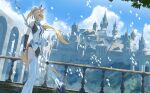  1girl absurdres animal_ears armlet bird blonde_hair blue_necktie blue_sky breasts bridal_gauntlets castle clothing_cutout cloud commentary_request cyc_loop floating_hair green_eyes hair_over_one_eye hairband highres holding holding_polearm holding_weapon horse_ears horse_girl horse_tail jewelry large_breasts layered_sideboob long_hair metal_hairband necktie open_mouth outdoors pants polearm sigrid_de_l'azur single_bare_foot single_bridal_gauntlet sky solo spear tail thigh_cutout weapon white_bird white_pants zenless_zone_zero 