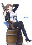  1girl absurdres arm_behind_head black_pants blue_boots blue_eyes blue_jacket boots breasts brown_hair collarbone commentary crossed_legs english_commentary english_text gun hair_between_eyes high_heel_boots high_heels highres holding holding_gun holding_weapon holster holstered jacket jewelry long_hair long_sleeves looking_at_viewer medium_breasts navel necklace open_clothes open_jacket open_mouth original pants parted_lips pointy_ears ponytail red_lips revolver seilindekos shirt shotgun simple_background sitting smile solo weapon white_background white_shirt 
