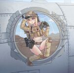  1girl absurdres arm_up battle_rifle bikini binoculars blonde_hair blue_eyes brown_gloves brown_helmet brown_jacket brown_shoes brown_socks camouflage camouflage_jacket commentary crop_top ear_protection elcan_scope english_commentary fn_scar_17 gloves grey_bikini gun hair_between_eyes handgun helmet highres holding holding_binoculars holstered jacket kneehighs long_hair long_sleeves navel original parted_lips puffy_long_sleeves puffy_sleeves rifle shoes socks solo stratosphere_(coom1017) swimsuit weapon 