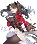  1girl absurdres asymmetrical_legwear black_gloves black_hair black_shirt black_thighhighs blue_eyes breasts commentary_request earrings fate/stay_night fate/unlimited_blade_works fate_(series) gem gloves highres honkai:_star_rail honkai_(series) hoop_earrings jacket jewelry long_hair looking_at_viewer medium_breasts necklace open_mouth pantyhose pendant red_gem red_jacket rin's_pendant_(fate) rmo04fgo shirt sideboob simple_background single_leg_pantyhose skirt smile solo thighhighs tohsaka_rin tohsaka_rin_(honkai:_star_rail) twintails two_side_up uneven_legwear white_background white_skirt 