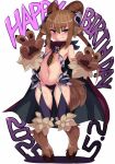  1girl animal_ears animal_hands baphomet_(monster_girl_encyclopedia) breasts brown_hair claws commentary_request dated dated_commentary demon_girl fewer_digits goat_ears goat_girl goat_horns goat_tail grin hair_ornament happy_birthday highres hooves horns monster_girl monster_girl_encyclopedia navel purple_eyes simple_background skull_hair_ornament small_breasts smile solo tail yu_(yoki) 