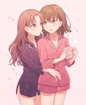  2girls bangs blush bottomless brown_eyes brown_hair closed_mouth collarbone couple cowboy_shot dress_shirt eye_contact floating_hair grey_background hair_between_eyes hair_down holding long_hair long_sleeves looking_at_another misaka_mikoto multiple_girls naked_shirt open_mouth pajamas pink_shirt pink_shorts purple_shirt shiny shiny_hair shirai_kuroko shirt short_shorts shorts standing thigh_gap to_aru_majutsu_no_index yuri zarutsu 