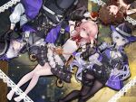  1girl 3girls ahoge alf_(silver_palace) apple asymmetrical_gloves belt belt_pouch black_belt black_capelet black_gloves black_hat black_pants black_pantyhose black_shorts black_vest blue_eyes bow bowtie brown_eyes brown_hair capelet detached_sleeves drill_hair eyeshadow female_detective_(silver_palace) flower food fruit gloves grey_hair hat highres holding holding_food holding_fruit holster jewelry long_hair looking_at_viewer makeup male_detective_(silver_palace) mismatched_gloves multiple_girls necklace pants pantyhose pink_hair pinstripe_pattern pinstripe_shorts pinstripe_vest pouch red_bow red_bowtie red_eyes red_eyeshadow red_flower red_rose rose saint_laurent_paris see-through_clothes see-through_pantyhose shirt shorts sideless_outfit silver_palace thigh_holster two-sided_capelet two-sided_fabric very_long_hair vest white_belt white_gloves white_shirt 