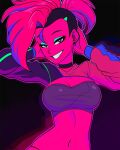  1girl afterimage arm_behind_head asymmetrical_hair breasts choker commentary cyberpunk detached_sleeves dirty_ero english_commentary looking_at_viewer moika_(moikaloop) multicolored_hair navel neon_palette original sidecut smirk strapless thong toned toned_female tube_top two-tone_hair undercut 