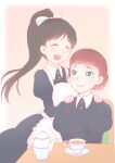  2girls 44_torao ^_^ apron black_dress black_hair blunt_bangs blush border bow brown_hair chair closed_eyes closed_mouth commentary_request cup dress embarrassed fading_border frilled_apron frills green_eyes hair_bow hands_on_another's_shoulders hazuki_ren high_ponytail juliet_sleeves long_hair long_sleeves looking_at_another looking_to_the_side looking_up love_live! love_live!_superstar!! maid maid_apron mole mole_under_eye multiple_girls nape_braid open_mouth orange_background outside_border ponytail puffy_sleeves raised_inner_eyebrows ribbon saucer saya_(love_live!) short_bangs short_hair shoulder_massage sitting smile standing table tea_set teacup teapot white_apron white_border white_bow 