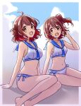  2girls :d ahoge bikini blue_sailor_collar border breasts brown_hair commentary day gakuen_idolmaster hair_bun hanami_ume highres idolmaster idolmaster_million_live! in-franchise_crossover kasuga_mirai kelvin1996c looking_at_viewer medium_breasts multiple_girls navel one_side_up open_mouth outdoors outside_border sailor_bikini sailor_collar sailor_swimsuit_(idolmaster) short_hair single_side_bun sitting smile swimsuit untranslatable_commentary white_bikini white_border yellow_eyes 
