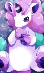 1_horn 2023 ambiguous_feral ambiguous_gender arm_tuft beady_eyes bird's-eye_view blue_body blue_fur blush closed_smile digital_drawing_(artwork) digital_media_(artwork) featureless_crotch feral fur fur_tuft galarian_form galarian_ponyta generation_8_pokemon grass head_tuft hi_res high-angle_view hooves horn inner_ear_fluff looking_at_viewer lying lying_on_ground mouth_closed multicolored_body multicolored_fur nintendo on_back on_ground pink_body pink_fur plant pokemon pokemon_(species) prrrrrrmine purple_eyes quadruped regional_form_(pokemon) shaded smile soft_shading solo striped_horn stripes tuft unguligrade white_body white_fur wrist_tuft