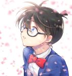  1boy bangs black-framed_eyewear blue_eyes blue_jacket bow bowtie brown_hair collared_shirt commentary_request edogawa_conan glasses highres jacket looking_up male_focus meitantei_conan nomino_(nominohaco) parted_lips petals red_bow red_neckwear semi-rimless_eyewear shirt short_hair solo teeth under-rim_eyewear upper_body white_shirt wing_collar 