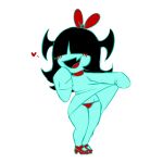  1girl aqua_(deltarune) aqua_dress aqua_skin ayu_draws black_hair blush bow colored_skin commentary deltarune dress english_commentary fang full_body hair_wings head_bow heart lifting_own_clothes panties red_bow red_panties red_scarf red_shoes scarf shoes simple_background solo thighs underwear utdr_(toby_fox) white_background 