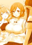  3girls breasts drill_hair hair_bun hands_on_own_stomach highres implied_pregnancy implied_yuri jewelry kaname_buccaneer large_breasts laughing long_hair looking_down macross macross_delta medium_hair mikumo_guynemer mirage_farina_jenius monochrome multiple_girls pointy_ears sasanoneko sepia single_earring very_long_hair 