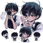  2boys antenna_hair black_eyes black_hair black_sweater_vest black_tank_top blush closed_eyes collared_shirt colored_skin commentary dual_persona etursaemajoris heart highres male_focus mini_person miniboy multiple_boys omori omori_(omori) parted_lips shirt short_hair short_sleeves shorts simple_background striped_clothes striped_shorts sunny_(omori) sweater_vest tank_top untranslatable_commentary vertical-striped_clothes vertical-striped_shorts white_background white_shirt white_shorts white_skin 
