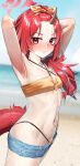  1girl absurdres armpits arms_behind_head arms_up beach bikini bikini_bottom_under_shorts bikini_under_clothes blue_archive blue_sky blurry blurry_background blush breasts closed_mouth commentary_request cowboy_shot day denim denim_shorts depth_of_field dragon_girl dragon_tail from_side hair_over_shoulder hairband halo highres horns long_hair navel o-ring o-ring_bikini official_alternate_costume official_alternate_hairstyle open_clothes open_fly open_shorts orange_bikini orange_hairband outdoors partial_commentary red_eyes red_hair red_halo red_tail renge_(blue_archive) renge_(swimsuit)_(blue_archive) shorts single_horn sky small_breasts smile solo standing swimsuit tail walking_nakta 