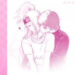  2boys akatsuki_uniform blush border deidara_(naruto) eyeliner fishnet_top fishnets forehead_protector happy heart high_ponytail hug kiss kissing_neck long_hair makeup male_focus monochrome multiple_boys naruto_(series) naruto_shippuuden parted_lips pink_border ponytail robe sasori_(naruto) short_hair simple_background sketch white_background winter_bre1 yaoi 