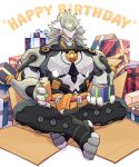  1boy banyue_(zenless_zone_zero) box clothed_robot clothes_around_waist commentary commission english_commentary gift gift_box grey_hair happy_birthday highres holding holding_gift humanoid_robot kosmopaint male_focus robot robot_boy simple_background sitting solo white_background zenless_zone_zero 