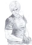  1boy absurdres artist_request fingerless_gloves gloves graphite_(medium) greyscale harness highres holster leon_s._kennedy looking_at_viewer male_focus monochrome muscular muscular_male non-web_source parted_bangs portrait resident_evil shirt short_hair shoulder_holster sketch source_request traditional_media upper_body 