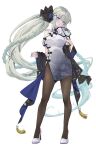  1girl akatsuki_hijiri bare_shoulders black_bow blue_eyes blush bow breasts brown_pantyhose chinese_clothes commentary dress fate/grand_order fate_(series) full_body grey_hair hair_bow high_heels highres large_breasts long_hair looking_at_viewer morgan_le_fay_(fate) pantyhose pelvic_curtain ponytail qipao sidelocks solo very_long_hair white_dress 