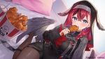  1girl animal_ears bird_ears bird_wings black_dress black_pantyhose blue_eyes braid breasts brown_hair bucket_of_chicken chicken_(food) commentary_request company_name copyright_name copyright_notice crossed_bangs dress ear_chain earrings eating food fried_chicken gem hair_between_eyes holding holding_food indoors jewelry konkon_aria large_breasts linked_piercing long_hair long_sleeves looking_at_viewer multicolored_hair neo-porte no_shoes official_art on_bed pantyhose pendant piercing pillow piyoyanagi purple_gem red_hair see-through_clothes seiza sitting solo streaked_hair virtual_youtuber wings xross_stars 