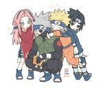  1girl 2zziri 3boys arms_behind_back bandaged_leg bandages black_eyes black_gloves black_hair black_jacket black_mask black_pants black_shirt blonde_hair blue_hairband blue_headband blue_shoes blush book child closed_eyes closed_mouth commentary_request detached_sleeves dress facial_mark flak_jacket food full_body gloves green_eyes green_vest grey_hair hairband haruno_sakura hatake_kakashi headband headband_over_one_eye highres holding holding_book holding_kunai holding_weapon holster hug hug_from_behind jacket jumpsuit kamaboko konohagakure_shinobi_uniform konohagakure_symbol korean_commentary kunai long_hair mask mouth_mask multiple_boys naruto_(classic) naruto_(series) narutomaki open-toe_shoes open_mouth orange_jacket orange_jumpsuit orange_pants outstretched_arms pants parted_bangs pink_hair red_dress shirt shoes short_hair shorts side_slit smile sparkle spiked_hair squatting team_7_(naruto) thigh_holster twitter_username uchiha_sasuke uzumaki_naruto vest weapon whisker_markings white_background white_shorts white_sleeves 