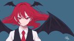  1girl :| absurdres bangs bat_wings black_vest black_wings closed_mouth collared_shirt commentary_request demon_girl demon_wings eyebrows_visible_through_hair floating_hair hair_between_eyes hair_intakes half-closed_eyes head_wings highres koakuma long_hair looking_at_viewer necktie red_eyes red_hair red_neckwear shimizu_art shirt sidelocks signature simple_background solo spread_wings touhou upper_body vest white_shirt wing_collar wings 