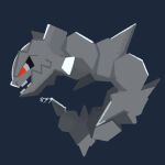  black_sclera blue_background colored_sclera commentary_request full_body highres iltuki metal_skin no_humans open_mouth pokemon pokemon_(creature) red_eyes spikes steelix teeth 