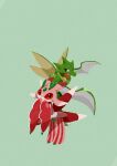  absurdres antennae arthropod_limbs black_eyes blade_arm bug colored_sclera colored_skin commentary_request fangs green_skin highres insect_wings lurantis no_humans no_mouth open_mouth orchid_mantis pink_skin pokemon pokemon_(creature) pokemon_focus praying_mantis red_sclera scyther standing wings zozozoshion 