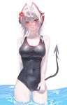  1girl ahoge alternate_costume antenna_hair antennae arknights arm_behind_back bare_shoulders black_one-piece_swimsuit blush breasts closed_mouth collarbone commentary_request covered_navel demon_girl demon_horns demon_tail feet_out_of_frame grey_hair highres horns looking_at_viewer magnum_0000 medium_breasts medium_hair on_water one-piece_swimsuit orange_eyes parted_lips red_horns sidelocks simple_background solo standing standing_on_liquid sweatdrop swimsuit tail w_(arknights) water wet wet_clothes wet_swimsuit white_background 