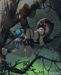  1girl arknights arm_strap ass bandeau bangs bare_legs bare_shoulders barefoot black_hair brown_eyes commentary eunectes_(arknights) goggles goggles_on_head highres looking_at_viewer midriff nian outdoors parted_lips pointy_ears pouch revision short_hair snake_tail solo tail thigh_strap thighs tree 