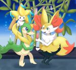 2022 :3 ambiguous_anthro ambiguous_gender ambiguous_humanoid anthro artist_name bamboo biped blush blush_stickers braixen brush canid cute_fangs detailed_background digital_drawing_(artwork) digital_media_(artwork) digitigrade dipstick_tail duo_focus fangs front_view generation_3_pokemon generation_5_pokemon generation_6_pokemon green_eyes group hi_res holding_brush holding_object holding_paper humanoid jirachi legendary_pokemon mammal markings mouth_closed nintendo open_mouth open_smile outside paper pokemon pokemon_(species) servine sitting smile snout tail tail_markings tanabata tanzaku teeth text three-quarter_view trio tsutajalove twitter_handle