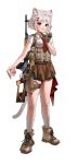  1girl absurdres ammunition_pouch animal_ears boots breasts brown_skirt bullet cat_ears cat_girl cat_tail chest_rig closed_mouth commentary dragunov_svd fingerless_gloves full_body glock gloves gun gun_sling hair_ornament hairclip handgun highres holster looking_at_viewer medium_breasts multiple_weapons neckerchief original pouch red_eyes red_neckerchief rifle shirt short_hair simple_background skirt sniper_rifle socks soda_(sod4) solo standing tactical_clothes tactical_gloves tail thigh_holster weapon white_background white_hair white_shirt white_socks white_tail 
