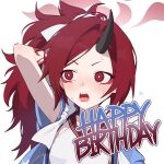  1girl arm_behind_head armpits backscratcher777 black_horns blue_archive blue_haori breasts bright_pupils commentary english_text eyeshadow fangs halo haori happy_birthday highres horns japanese_clothes light_blush long_hair looking_to_the_side makeup open_mouth ponytail red_eyes red_eyeshadow red_hair red_halo red_sailor_collar renge_(blue_archive) sailor_collar short_sleeves sideless_shirt simple_background single_horn small_breasts small_sweatdrop solo sweat upper_body white_background white_pupils 
