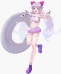  1girl absurdres alternate_costume armpits bikini blush bow breasts character_print chest_jewel collarbone commentary detached_wings fairy_wings frilled_bikini frills from_side full_body grey_background hair_bow hair_flaps hand_up highres holding holding_swim_ring hololive hololive_english know_d_w koseki_bijou long_hair navel open_mouth pebble_(koseki_bijou) purple_eyes purple_hair small_breasts smile solo swim_ring swimsuit teeth thigh_strap twintails upper_teeth_only very_long_hair virtual_youtuber wings 