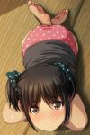  1girl absurdres all_fours ass bangs bare_shoulders barefoot black_scrunchie black_shirt blush brown_eyes closed_mouth eyebrows_visible_through_hair from_above full_body hair_between_eyes hair_ornament hair_scrunchie highres indoors looking_at_viewer looking_up matsunaga_kouyou no_pants nose_blush on_floor original panties polka_dot polka_dot_panties polka_dot_scrunchie red_panties scrunchie shirt short_twintails smile soles solo tatami twintails underwear 
