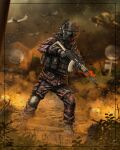  1boy absurdres acog aircraft aircraft_request airplane ak-103 ammunition_pouch assault_rifle black_border black_gloves black_helmet black_mask blurry blurry_background boots border building bulletproof_vest burger_town call_of_duty call_of_duty:_modern_warfare_2 camouflage camouflage_jacket camouflage_pants combat_boots combat_helmet commentary covered_face dust_cloud english_commentary evening facing_to_the_side fiery_background fire foliage full_body gc_conceptart gloves goggles grey_sky gun headlamp headphones helicopter helmet highres holding holding_gun holding_weapon inset_border jacket kalashnikov_rifle knee_pads load-bearing_vest long_sleeves male_focus mask microphone military military_combat_uniform military_fatigues military_jacket military_patch military_uniform optical_sight outdoors overcast pants pants_tucked_in parachute paratrooper patch pouch radio restaurant rifle sign single_knee_pad sky soldier solo solo_focus sparks urban_camouflage vdv war warm_colors weapon 