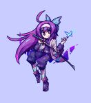  1girl ahoge alternate_eye_color alternate_hair_color belt blue_background bright_pupils bug butterfly cable_knit cardigan closed_mouth commentary commission cosplay english_commentary grey_belt headband highres holding holding_sword holding_weapon kochou_shinobu kochou_shinobu_(cosplay) long_hair long_sleeves orie_ballardiae_harada pants purple_cardigan purple_eyes purple_pants purple_sandals purple_shirt purple_socks sandals shirt simple_background smallendu smile socks solo sword under_night_in-birth weapon white_headband white_pupils 