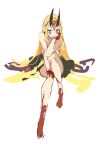  1girl bare_arms bare_legs bare_shoulders barefoot black_horns dress facial_mark fate/grand_order fate_(series) full_body hand_on_own_cheek hand_on_own_knee hit-kun horns ibaraki_douji_(fate/grand_order) long_hair no_eyebrows oni oni_horns pointy_ears simple_background sitting solo strapless strapless_dress uneven_eyes very_long_hair white_background yellow_eyes 