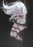  1girl absurdres ahoge arms_behind_back bdsm blue_eyes bondage boots bound bound_wrists breasts cailin020 commentary_request elaina_(majo_no_tabitabi) frilled_skirt frills gag gagged grey_hair high_heel_boots high_heels highres long_hair looking_at_viewer lying majo_no_tabitabi on_side open_mouth pleated_skirt restrained shibari shibari_over_clothes shirt skirt solo thighs very_long_hair white_shirt 