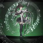  1girl absurdres alternate_hairstyle arknights ascot beamed_eighth_notes black_ascot black_halo black_skirt black_thighhighs bow_(music) brown_hair carmen_(project_moon) cello commentary commission cosplay crossover detached_wings halo highres holding holding_bow_(music) holding_instrument instrument jile_lemon library_of_ruina lobotomy_corporation long_hair musical_note musical_staff playing_instrument ponytail project_moon red_eyes second-party_source shirt skirt thighhighs treble_clef untranslatable_commentary virtuosa_(arknights) virtuosa_(arknights)_(cosplay) white_shirt wings 