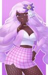  1girl blush bracelet breasts cleavage commentary dark-skinned_female dark_skin doiparuni english_commentary fishnet_pantyhose fishnets highres jacinthe_(pokemon) jacket jewelry large_breasts long_hair long_sleeves looking_at_viewer low_drills midriff_peek necklace open_clothes open_jacket open_mouth pantyhose pink_nails pink_skirt pokemon pokemon_legends:_z-a purple_eyes purple_hair purple_jacket shirt skirt smile solo teeth upper_teeth_only very_dark_skin white_shirt 