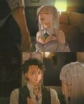  1boy 1girl absurdres braid breasts cleavage commentary_request couple crown_braid elf emilia_(re:zero) flower gem green_gem hair_flower hair_ornament hair_ribbon happyfrogpopo highres natsuki_subaru obsession_(movie) pointy_ears purple_ribbon re:zero_kara_hajimeru_isekai_seikatsu re:zero_kara_kasaneru_isekai_seikatsu ribbon rose white_flower white_rose x_hair_ornament 