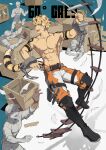  5boys absurdres animal_ears baseball_cap black_streaks blonde_hair commentary crate faceless faceless_male hat highres male_focus multicolored_hair multiple_boys muscular muscular_male original patient_zero short_hair streaked_hair tail tiger_boy tiger_ears tiger_tail topless_male untranslatable_commentary 