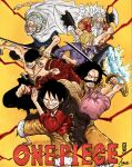  bandana black_bandana black_hair blonde_hair commentary_request curly_eyebrows gol_d._roger green_hair highres monkey_d._luffy multiple_boys one_piece roronoa_zoro sanji_(one_piece) scar scar_across_eye scar_on_chest scar_on_face scopper_gaban silvers_rayleigh smile stitched_torso stitches white_hair xginrw 