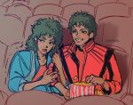  1boy 1girl black_hair blue_eyeshadow blue_jacket blush commentary eyeshadow food highres holding jacket locked_arms long_hair looking_ahead makeup michael_jackson movie_theater ola_ray popcorn real_life red_jacket short_hair smile thriller_(michael_jackson) trembling zewikus 