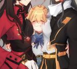  3girls ahoge artoria_pendragon_(fate) belt black_hair black_shirt black_skirt blonde_hair blush breasts caitoayu cheek-to-breast closed_eyes commentary cropped_jacket crossover english_commentary fate_(series) girl_sandwich grey_hair head_out_of_frame honkai:_star_rail honkai_(series) jacket long_hair medium_breasts multiple_girls nervous_sweating red_jacket rin's_pendant_(fate) saber_(fate) saber_(honkai:_star_rail)_(fate) sandwiched shirt skirt smile stelle_(honkai:_star_rail) sweat tohsaka_rin tohsaka_rin_(honkai:_star_rail) trailblazer_(honkai:_star_rail) turtleneck wavy_mouth white_shirt white_skirt yellow_belt yuri 